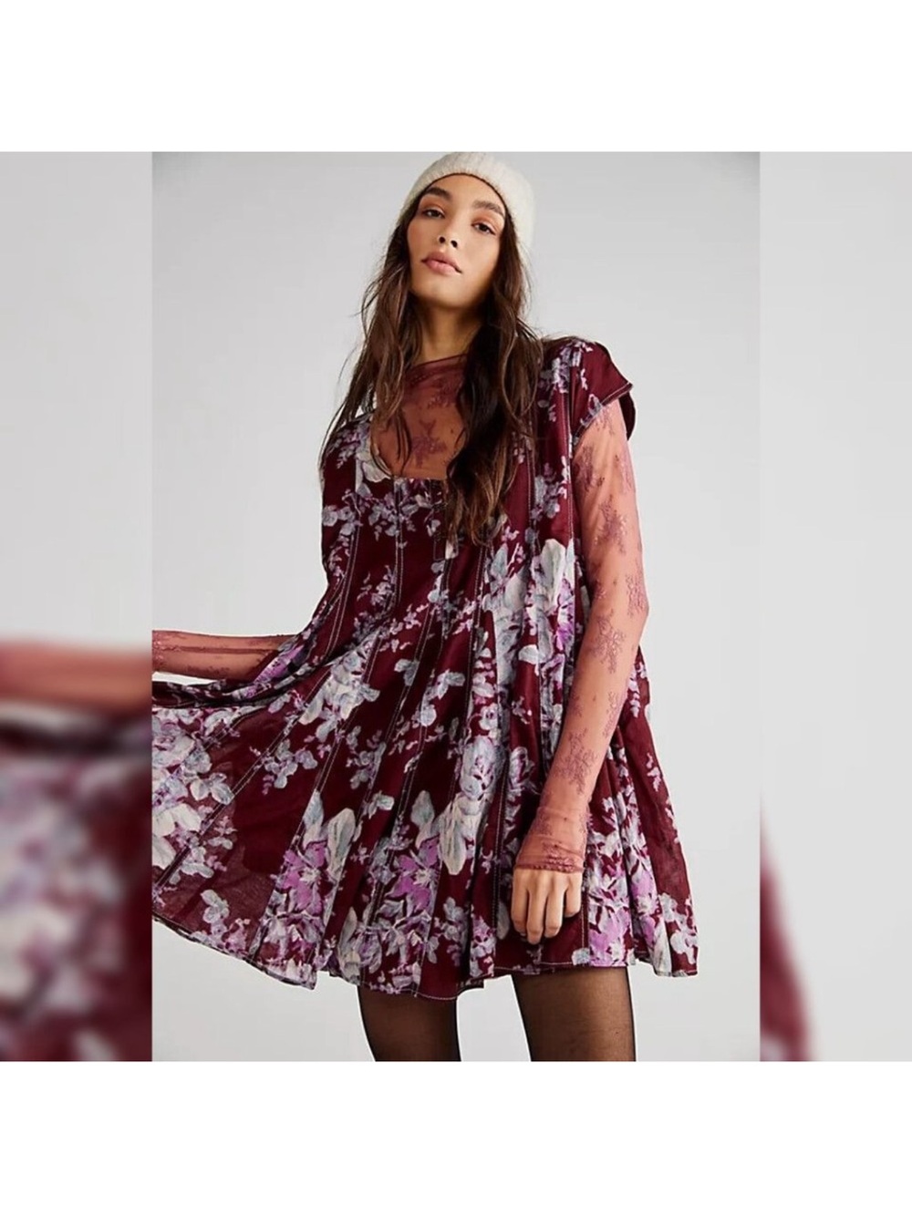 Free People Sully Babydoll Floral Swing Dress in Burgundy Raisin Combo Size S
